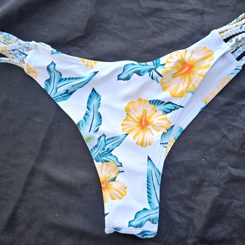 Zaful White Bikini Bottom with Blue and Yellow Floral Print